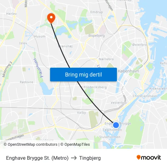 Enghave Brygge St. (Metro) to Tingbjerg map