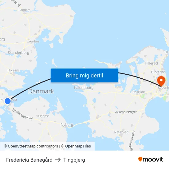 Fredericia Banegård to Tingbjerg map