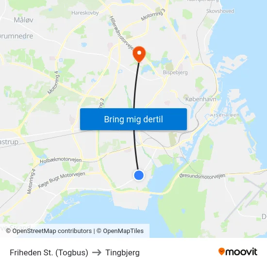 Friheden St. (Togbus) to Tingbjerg map
