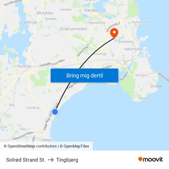 Solrød Strand St. to Tingbjerg map
