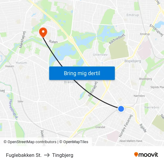 Fuglebakken St. to Tingbjerg map