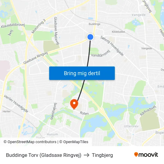 Buddinge Torv (Gladsaxe Ringvej) to Tingbjerg map