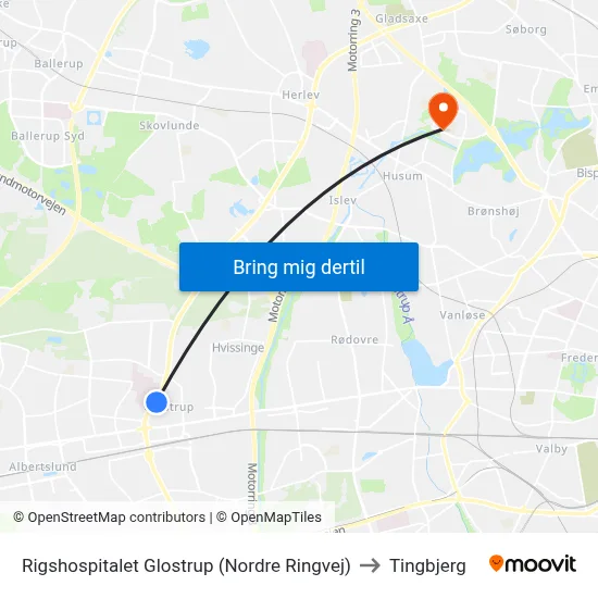 Rigshospitalet Glostrup (Nordre Ringvej) to Tingbjerg map
