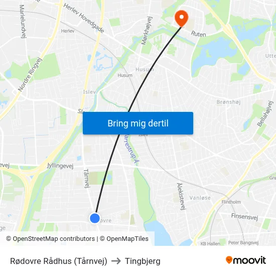 Rødovre Rådhus (Tårnvej) to Tingbjerg map