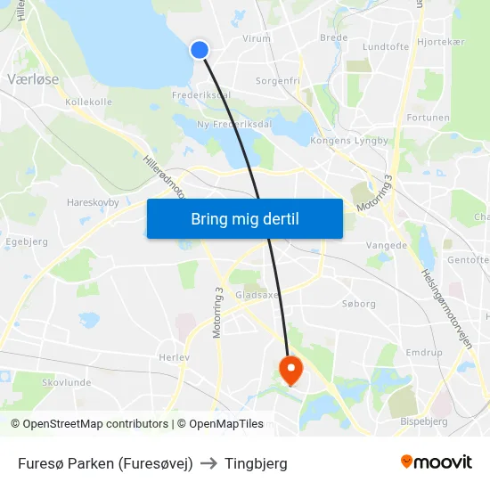 Furesø Parken (Furesøvej) to Tingbjerg map