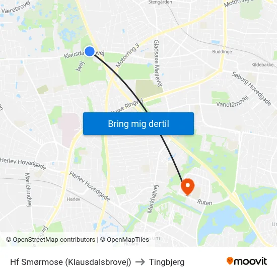 Hf Smørmose (Klausdalsbrovej) to Tingbjerg map