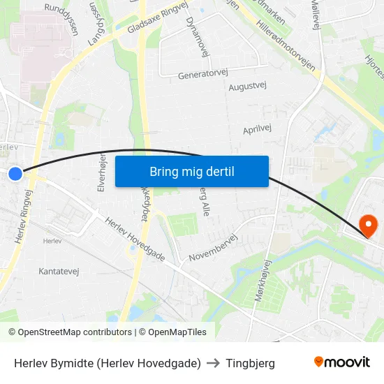 Herlev Bymidte (Herlev Hovedgade) to Tingbjerg map