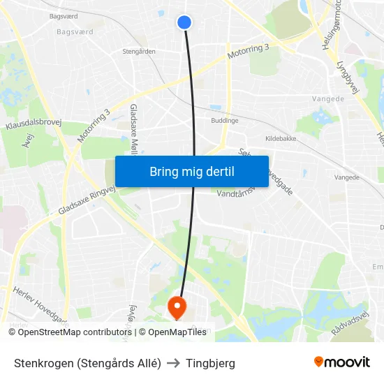 Stenkrogen (Stengårds Allé) to Tingbjerg map
