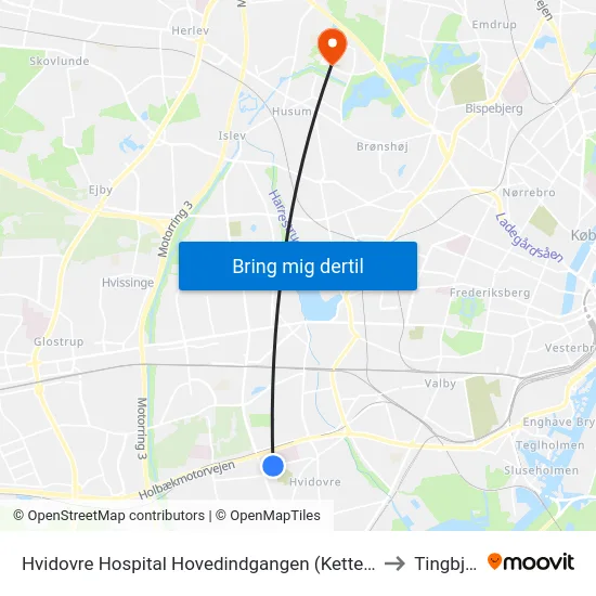 Hvidovre Hospital Hovedindgangen (Kettegård Allé) to Tingbjerg map