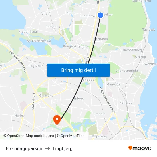 Eremitageparken to Tingbjerg map