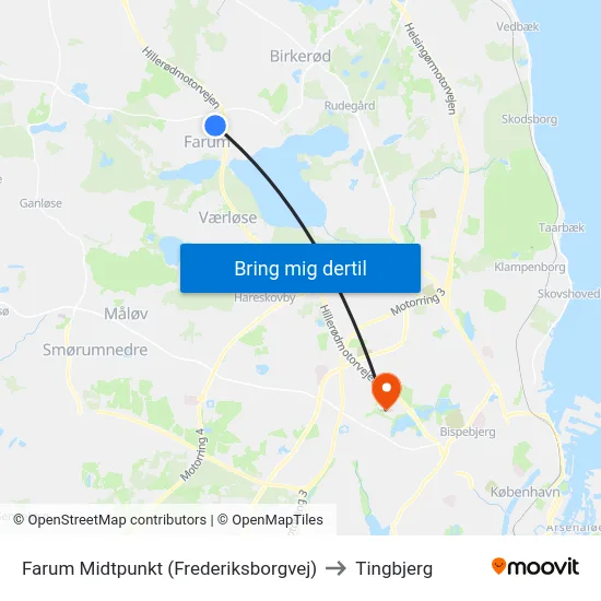 Farum Midtpunkt (Frederiksborgvej) to Tingbjerg map