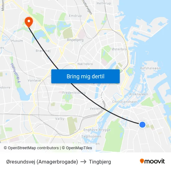 Øresundsvej (Amagerbrogade) to Tingbjerg map