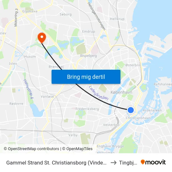 Gammel Strand St. Christiansborg (Vindebrogade) to Tingbjerg map