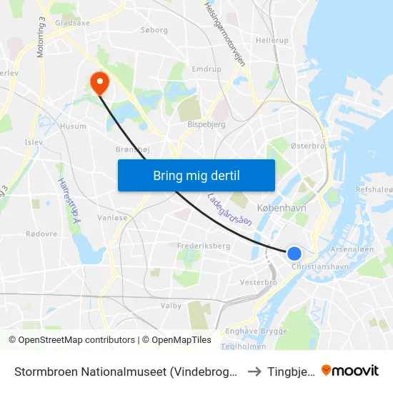 Stormbroen Nationalmuseet (Vindebrogade) to Tingbjerg map