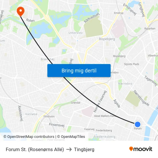 Forum St. (Rosenørns Allé) to Tingbjerg map