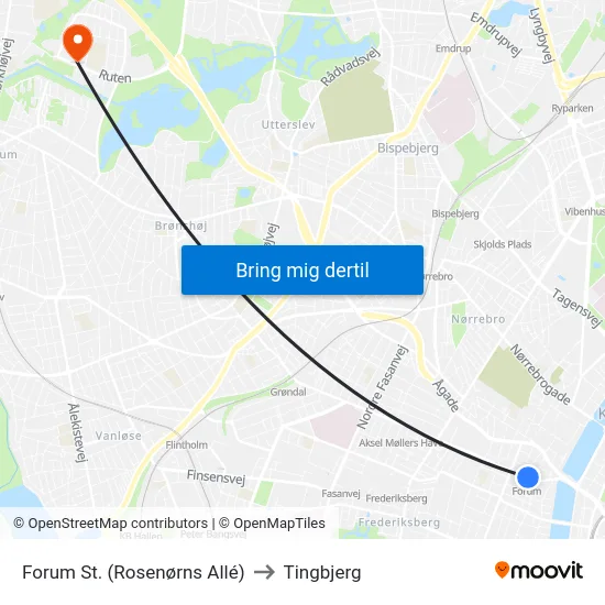 Forum St. (Rosenørns Allé) to Tingbjerg map
