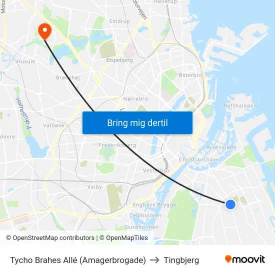 Tycho Brahes Allé (Amagerbrogade) to Tingbjerg map