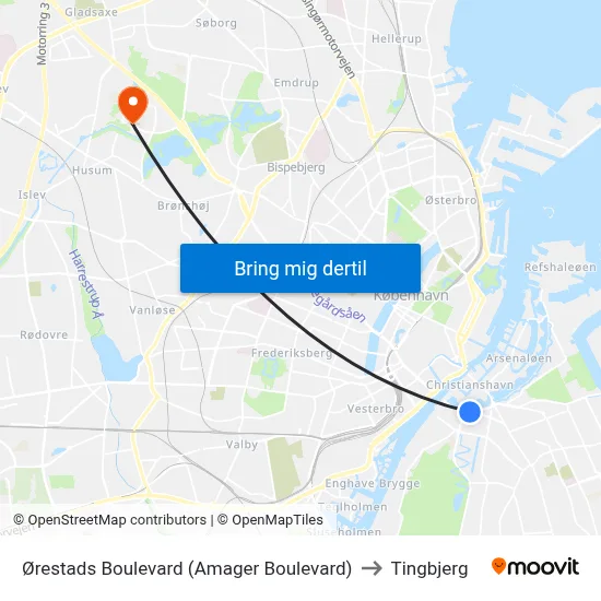 Ørestads Boulevard (Amager Boulevard) to Tingbjerg map