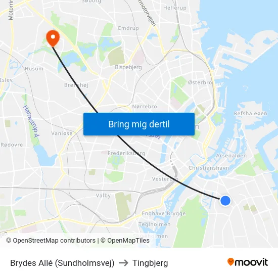 Brydes Allé (Sundholmsvej) to Tingbjerg map