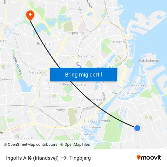 Ingolfs Allé (Irlandsvej) to Tingbjerg map