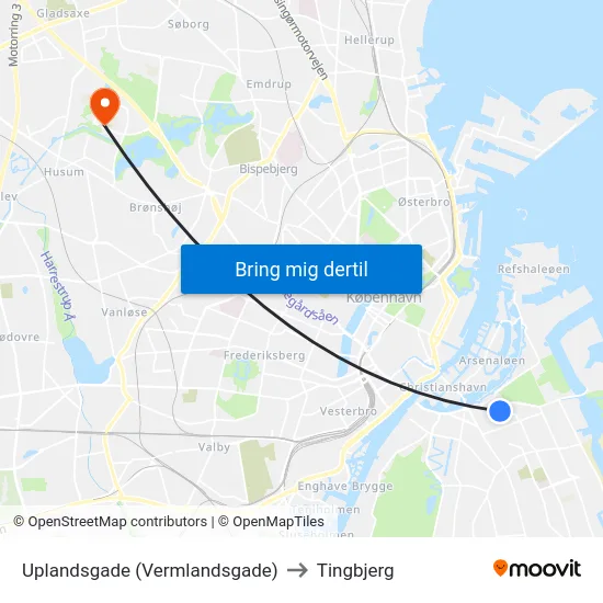 Uplandsgade (Vermlandsgade) to Tingbjerg map