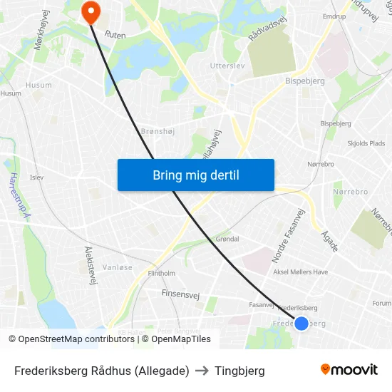 Frederiksberg Rådhus (Allegade) to Tingbjerg map