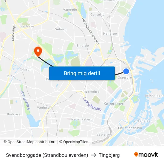 Svendborggade (Strandboulevarden) to Tingbjerg map