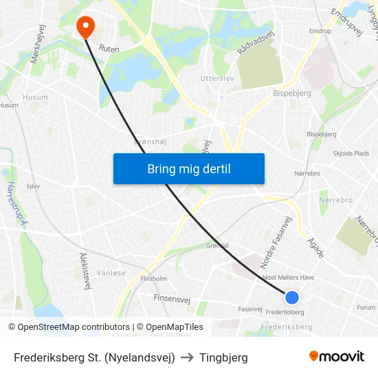 Frederiksberg St. (Nyelandsvej) to Tingbjerg map