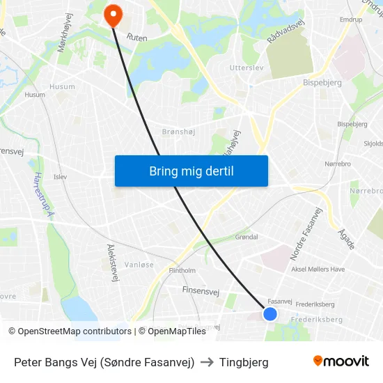 Peter Bangs Vej (Søndre Fasanvej) to Tingbjerg map