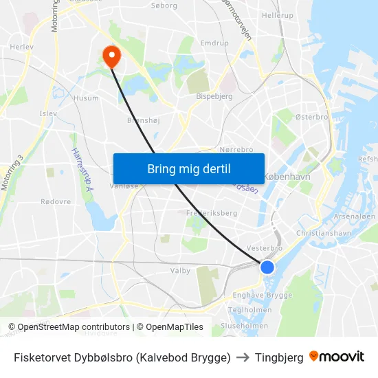 Fisketorvet Dybbølsbro (Kalvebod Brygge) to Tingbjerg map
