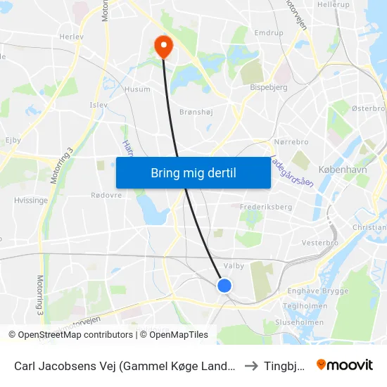Carl Jacobsens Vej (Gammel Køge Landevej) to Tingbjerg map