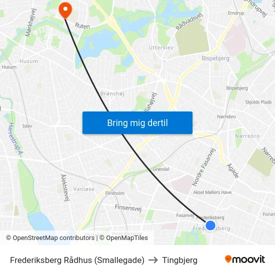Frederiksberg Rådhus (Smallegade) to Tingbjerg map