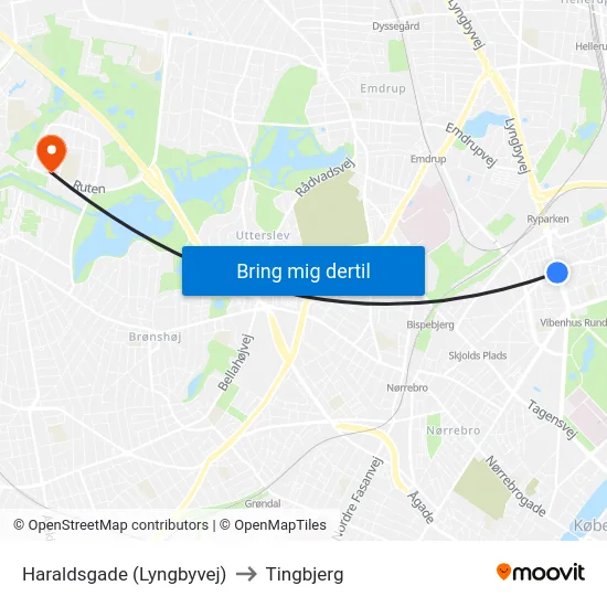 Haraldsgade (Lyngbyvej) to Tingbjerg map