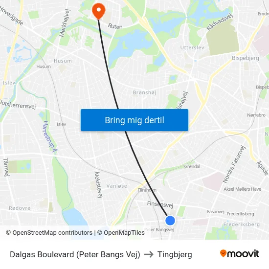 Dalgas Boulevard (Peter Bangs Vej) to Tingbjerg map