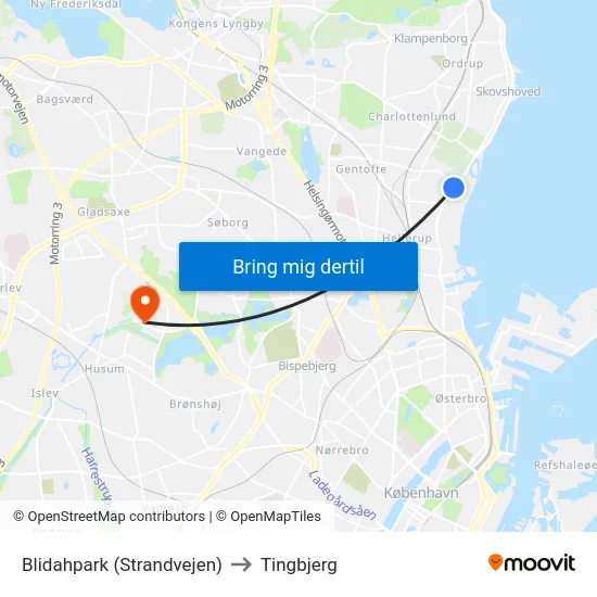 Blidahpark (Strandvejen) to Tingbjerg map