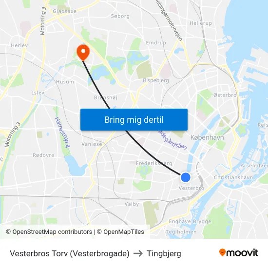 Vesterbros Torv (Vesterbrogade) to Tingbjerg map