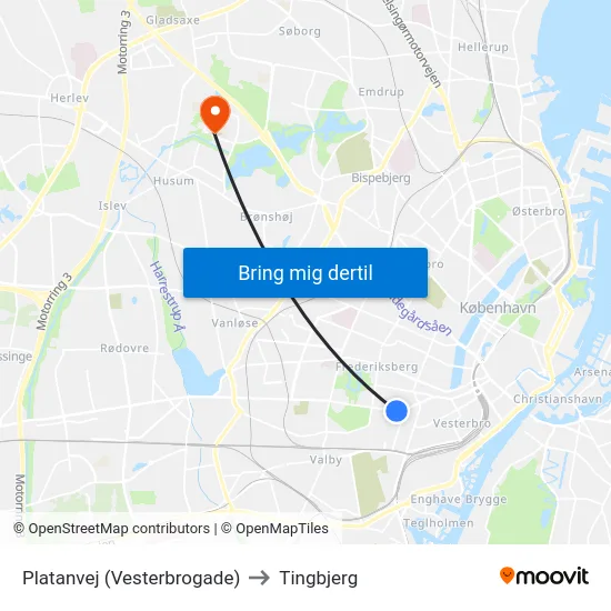 Platanvej (Vesterbrogade) to Tingbjerg map