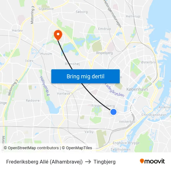 Frederiksberg Allé (Alhambravej) to Tingbjerg map