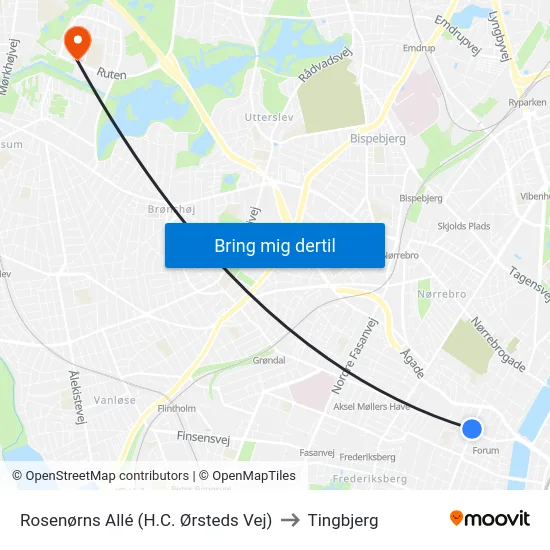 Rosenørns Allé (H.C. Ørsteds Vej) to Tingbjerg map