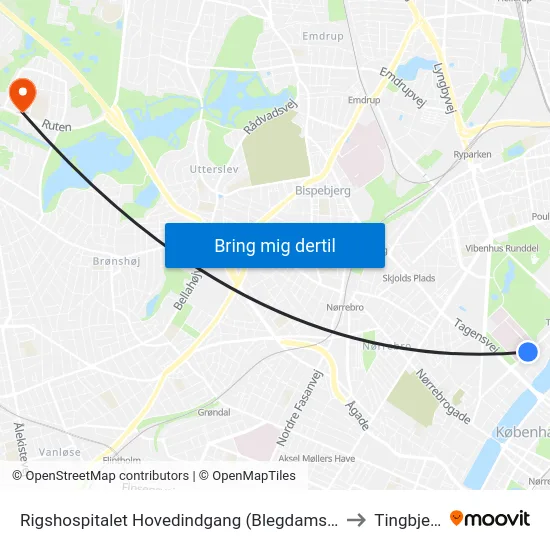 Rigshospitalet Hovedindgang (Blegdamsvej) to Tingbjerg map
