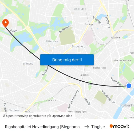 Rigshospitalet Hovedindgang (Blegdamsvej) to Tingbjerg map