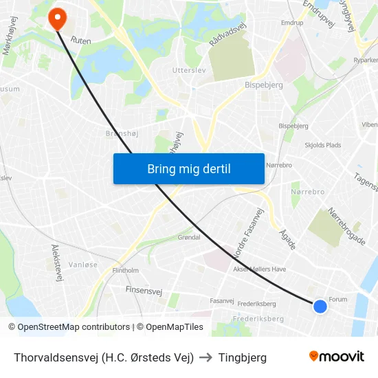 Thorvaldsensvej (H.C. Ørsteds Vej) to Tingbjerg map