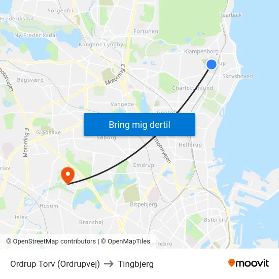 Ordrup Torv (Ordrupvej) to Tingbjerg map