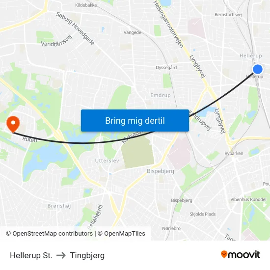 Hellerup St. to Tingbjerg map
