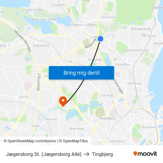 Jægersborg St. (Jægersborg Allé) to Tingbjerg map