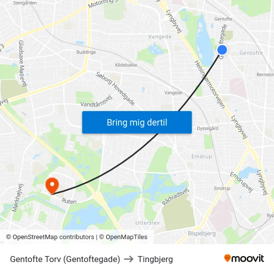 Gentofte Torv (Gentoftegade) to Tingbjerg map