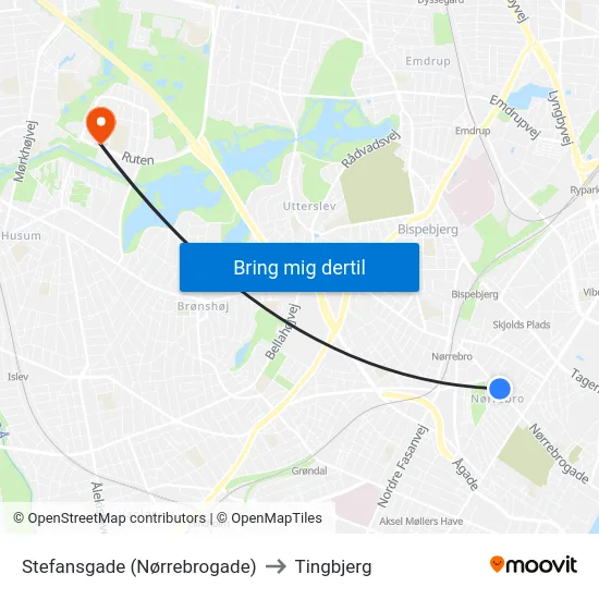 Stefansgade (Nørrebrogade) to Tingbjerg map