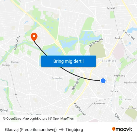 Glasvej (Frederikssundsvej) to Tingbjerg map