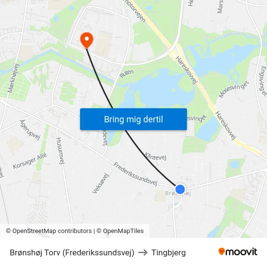 Brønshøj Torv (Frederikssundsvej) to Tingbjerg map