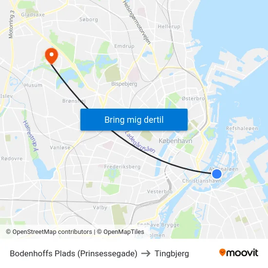 Bodenhoffs Plads (Prinsessegade) to Tingbjerg map